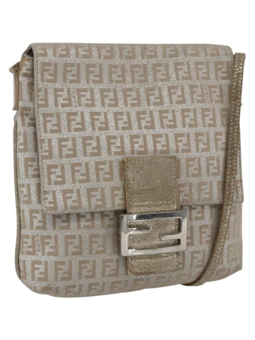 FENDI Zucchino Canvas Mamma Baguette Shoulder Bag Silver